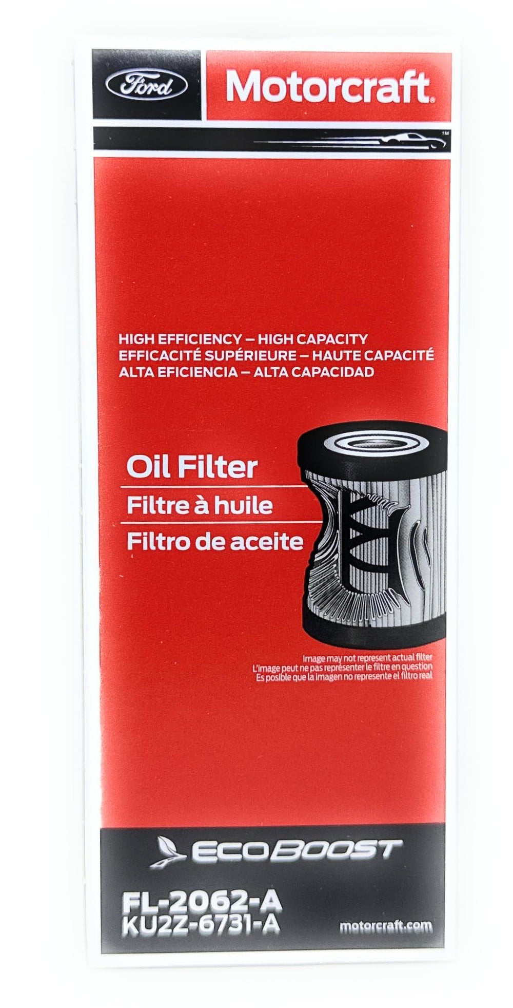 Motorcraft FL2062A oil filter, side view, reliable OEM replacement for Ford engines.