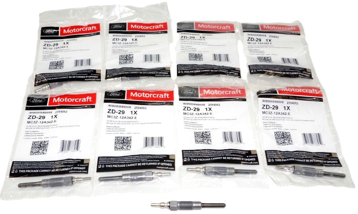 Motorcraft glow plug set 8pcs for 7.3L diesel improves cold-start reliability.