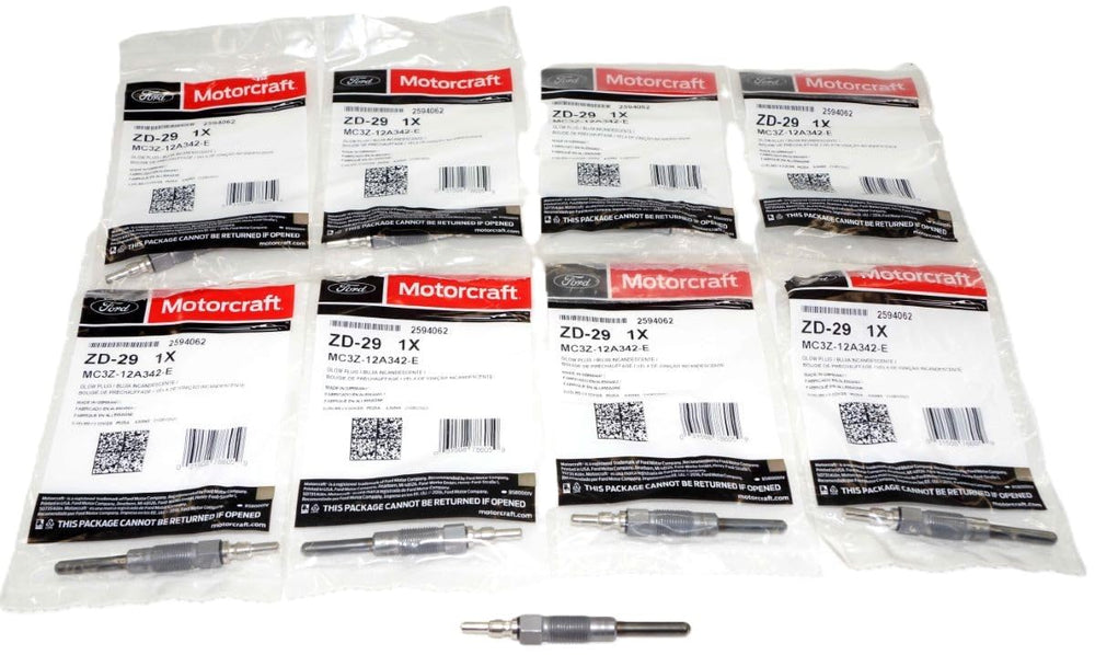 Motorcraft glow plug set 8pcs for 7.3L diesel improves cold-start reliability.