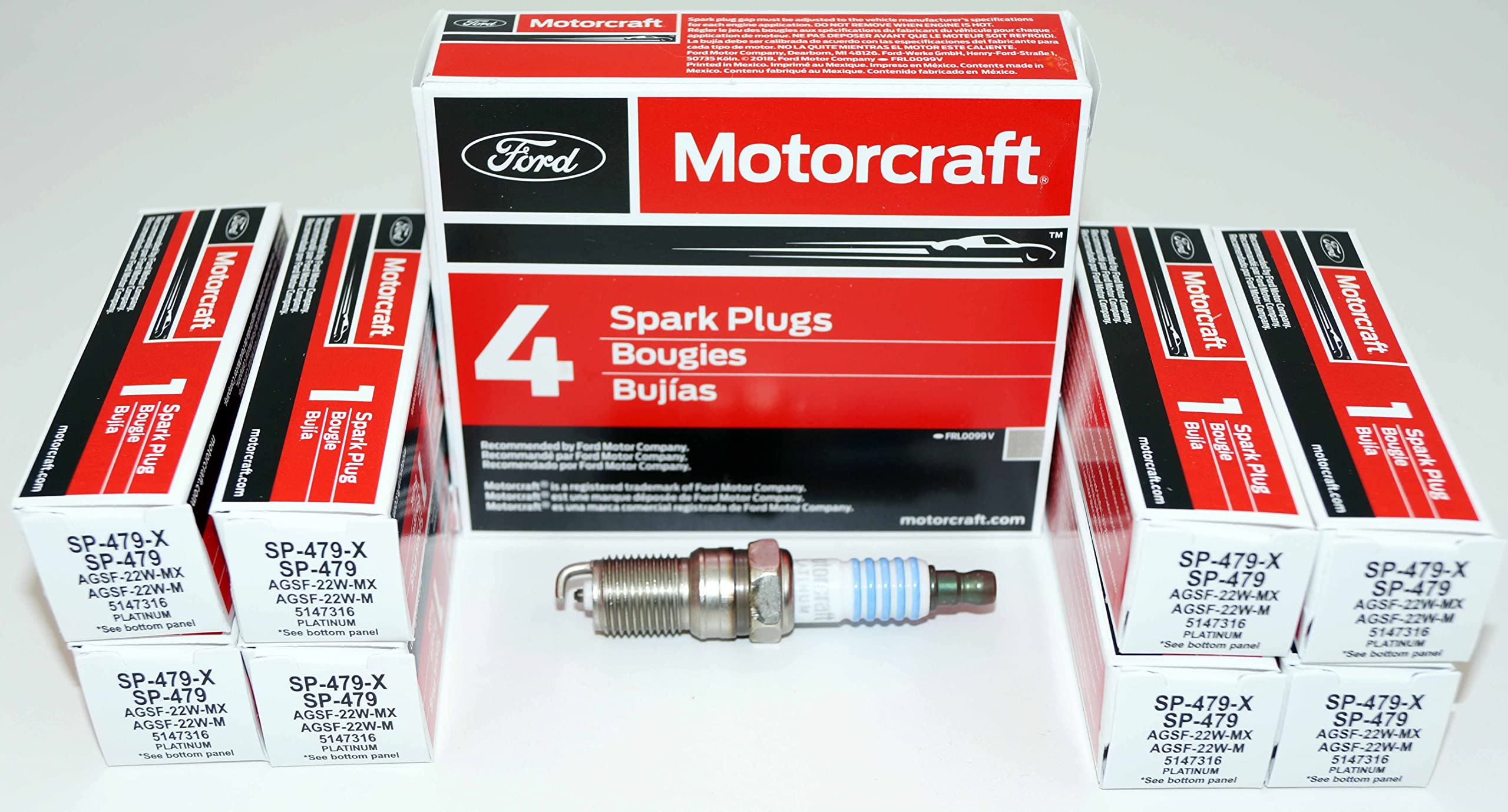 Motorcraft SP-479 spark plug front view showing compact electrode design for reliable ignition