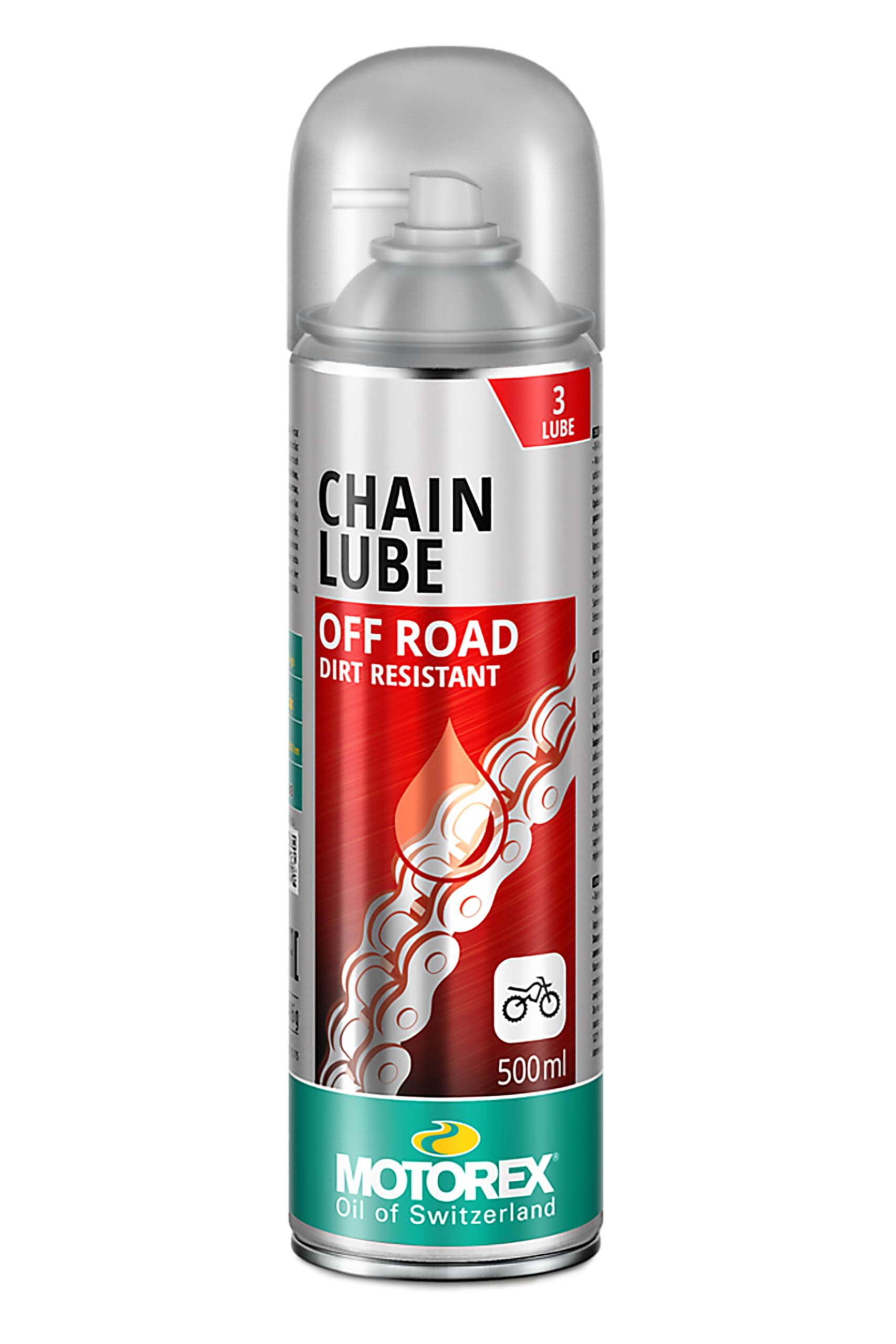Motorex Chain Lube 622 Offroad Spray bottle provides smooth lubrication for motocross chains.