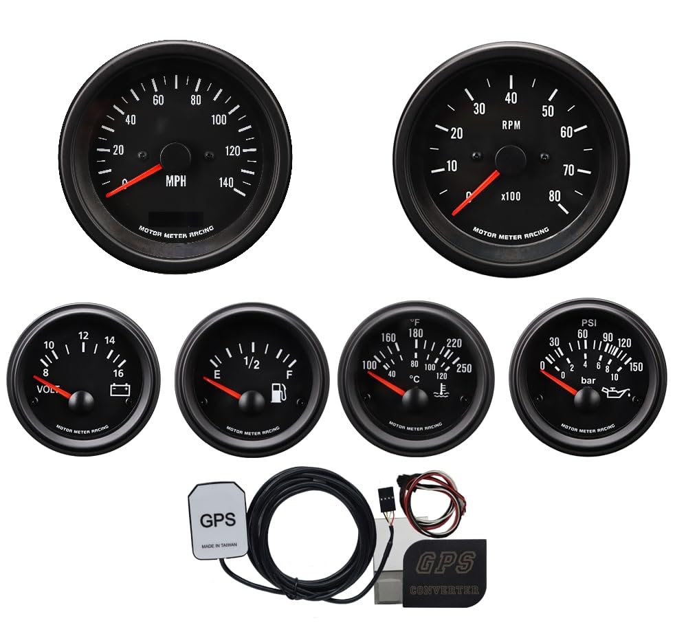 MOTOR METER RACING VD6 gauge set front view with black dial and red needle for classic dashboards.