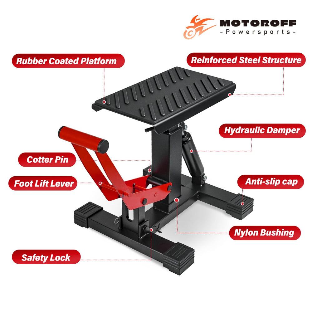 Motoroff center stand design for secure maintenance and storage