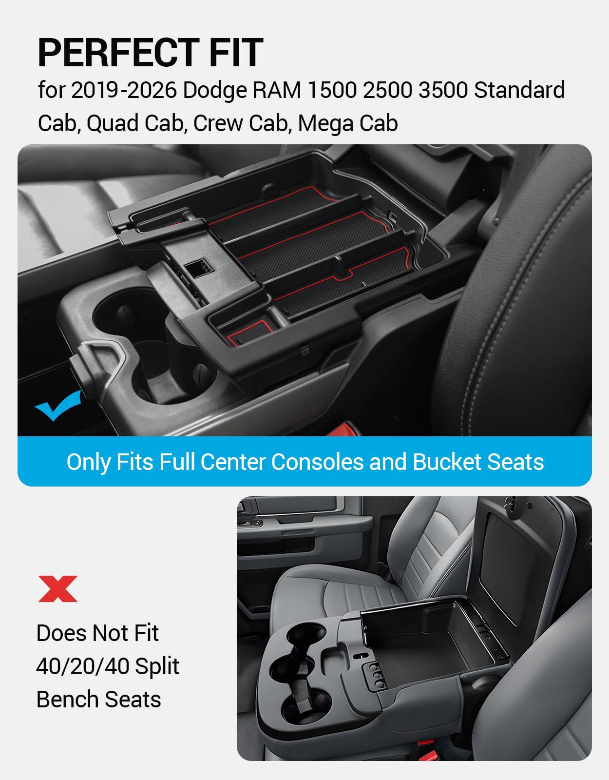 Motrobe center console organizer tray side view with non-slip mats