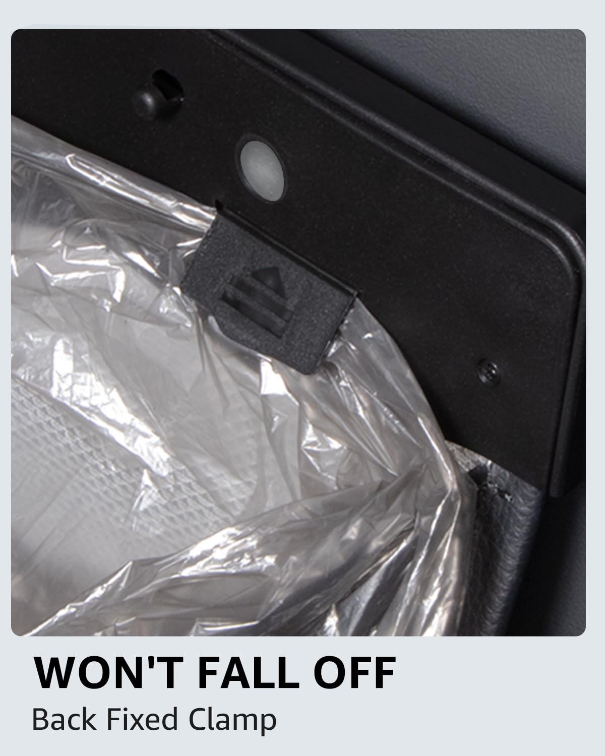 Motrobe Model 3 trash can protects seat back from dirt and scuffs.