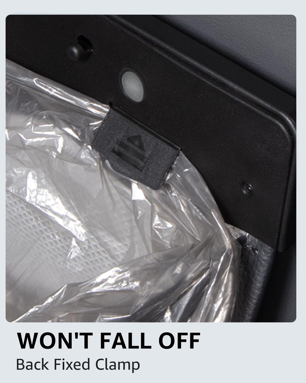 Motrobe Model 3 trash can protects seat back from dirt and scuffs.