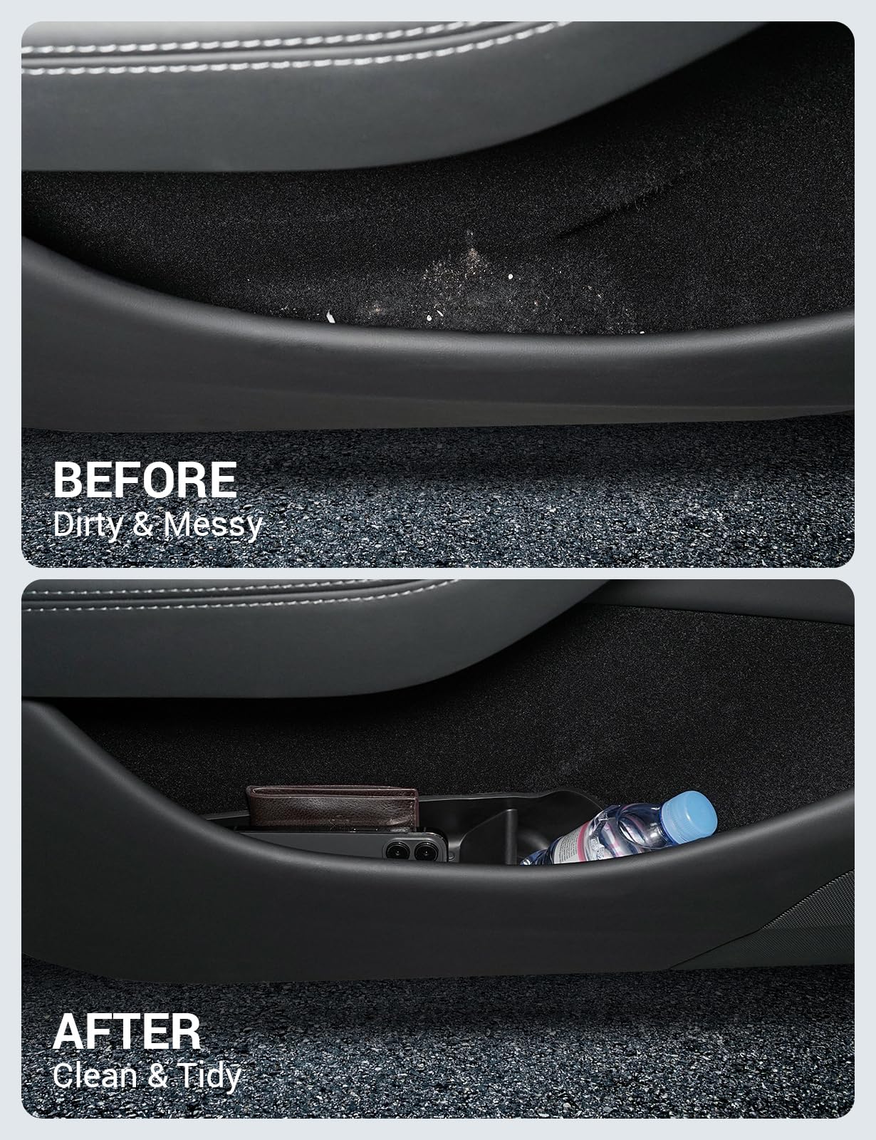 Motrobe Model Y Juniper rear door storage tray keeping sunglasses and wallets within easy reach