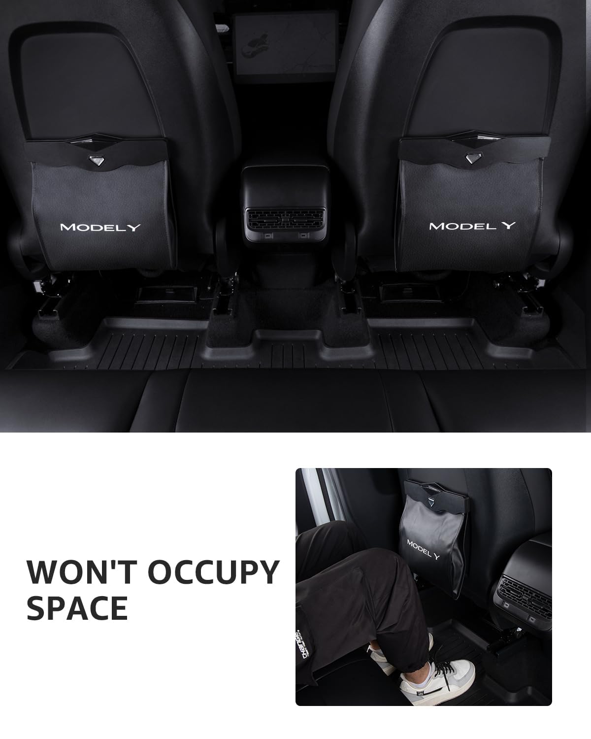 Motrobe Model Y seat-back installation with buckles for secure bag placement.