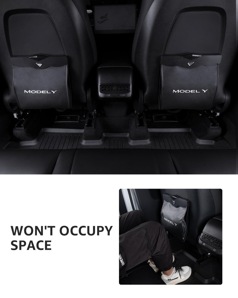 Motrobe Model Y seat-back installation with buckles for secure bag placement.
