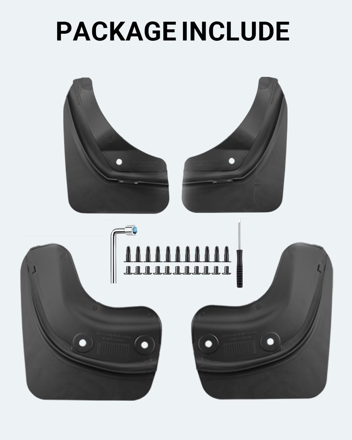 Motrobe mudflaps packaging illustrates a complete four-piece set for Model 3.