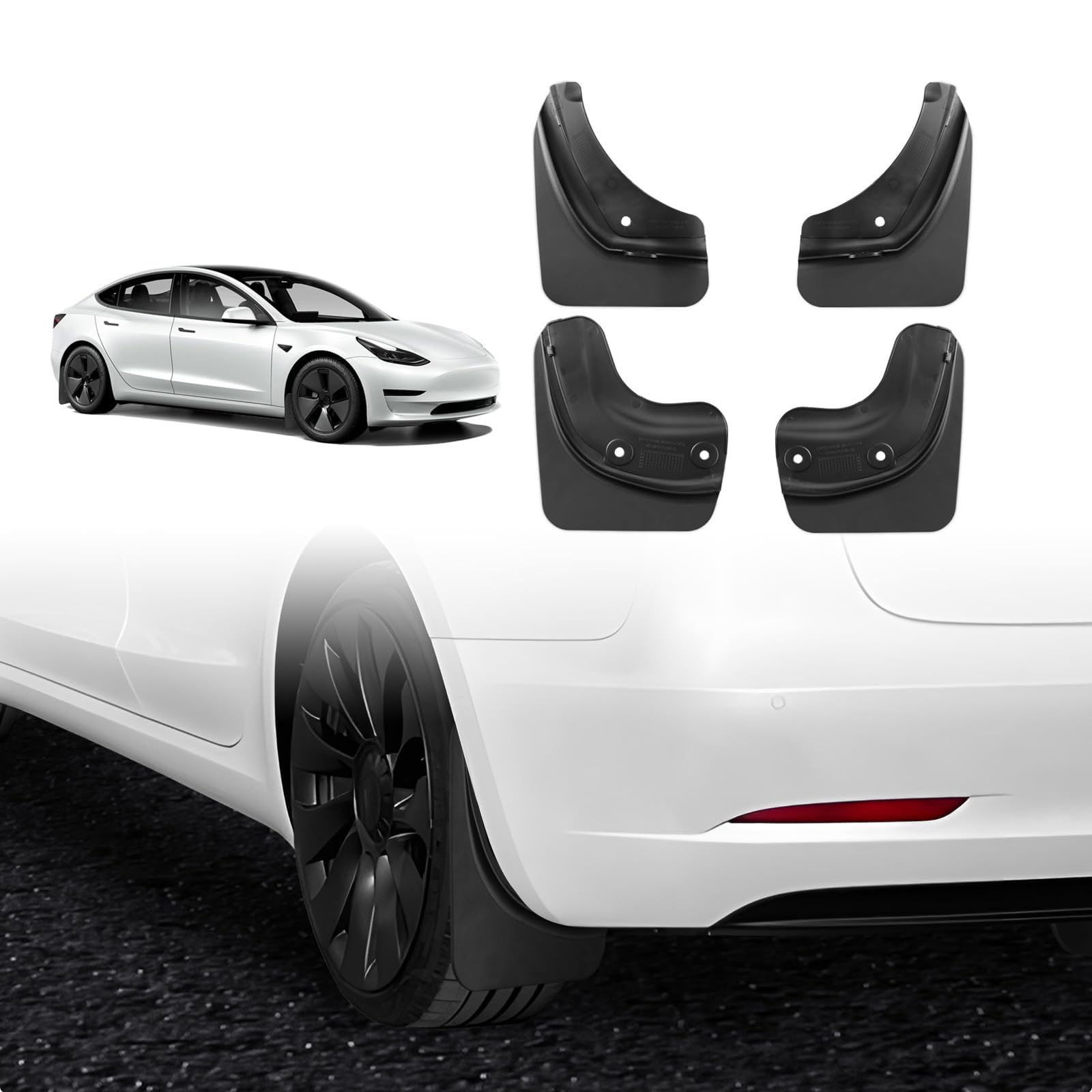 Motrobe Tesla Model 3 mudflap front-left protects paint from road debris during daily driving.