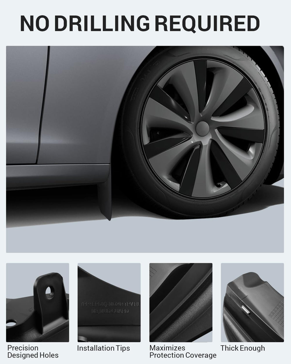 Motrobe Tesla Model 3 mudflap rear-right supports rocks and slush on rough roads.