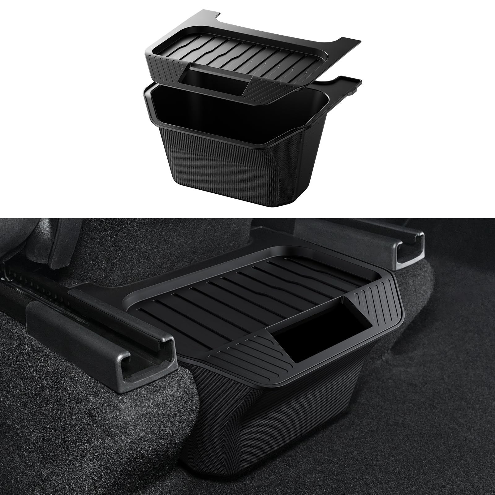 Motrobe Model Y Juniper rear console organizer with anti-slip lid keeps clutter hidden