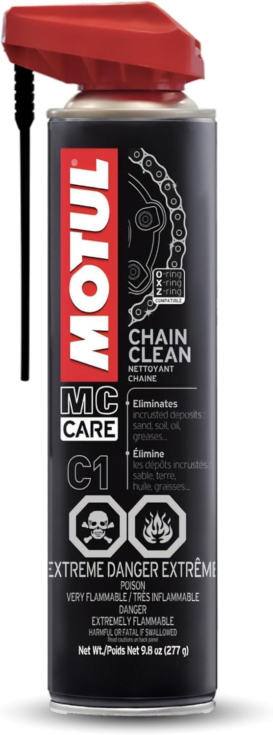 Motul C1 Chain Cleaner bottle with spray nozzle for quick grease removal