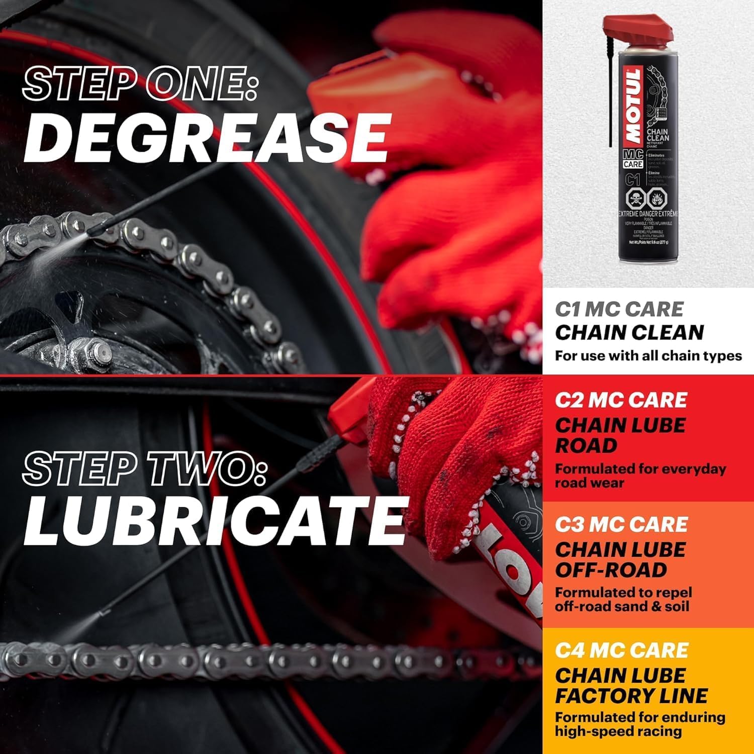 Motul C1 precision spray nozzle applying targeted cleaning to the chain