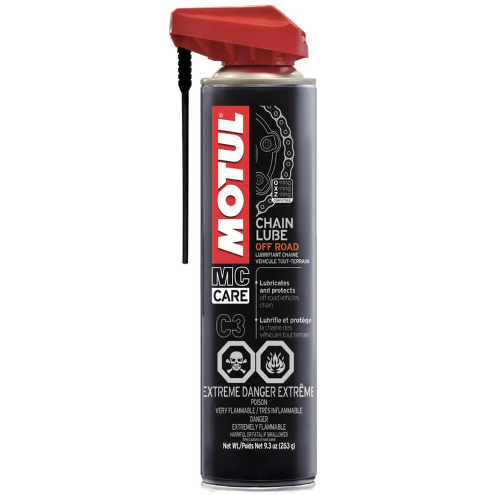 Motul MC Care C3 Off RoadChain Lube bottle ready for use on dirt bike chains.