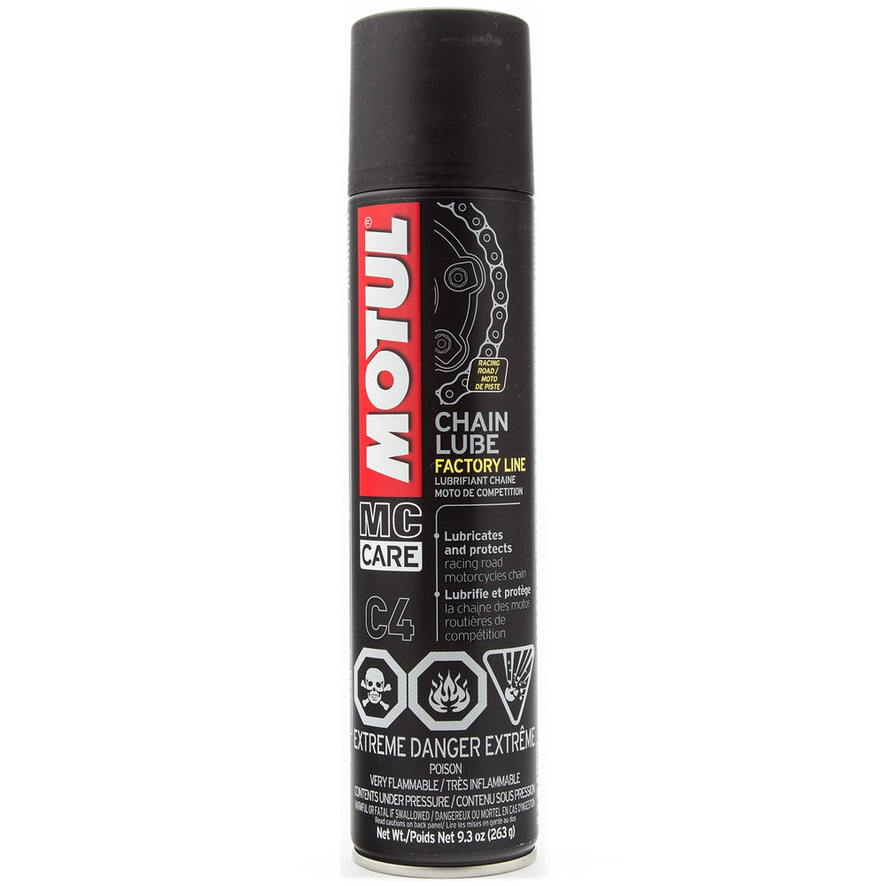 Motul MC Care C4 chain lube spray for O-, X-, and Z-ring chains with high-adhesion racing protection.