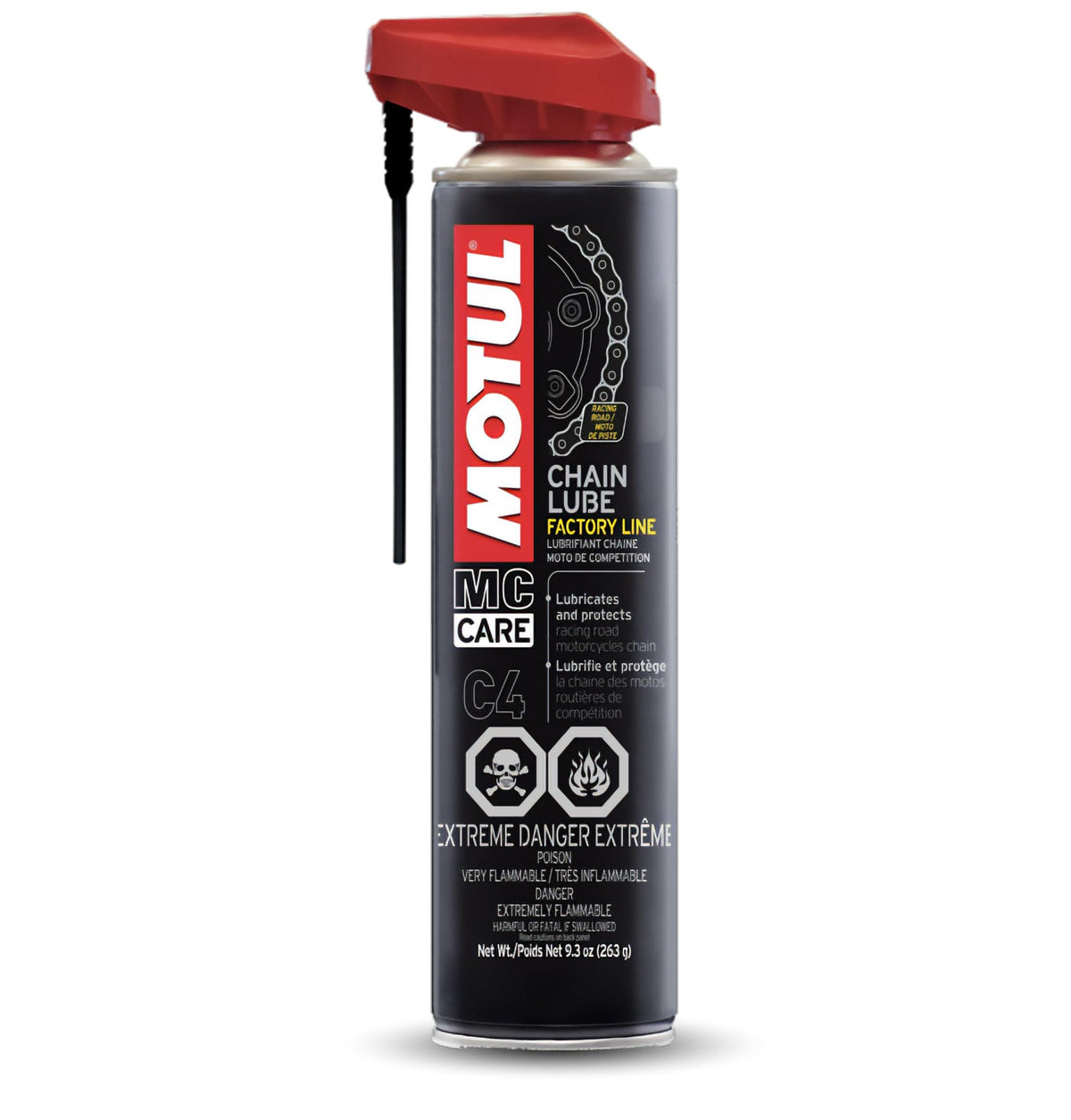 Motul MC Care C4 Factory Line Formula keeps racing chains lubricated for endurance on road and track.