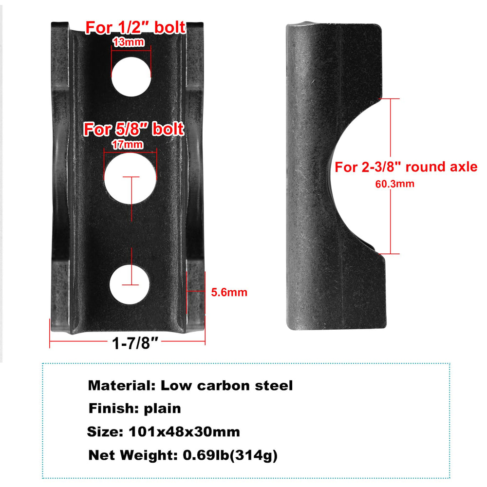 MOUNTAIN_ARK U-saddle bracket image demonstrates sturdy leaf-spring support for 2-3/8 inch axles.