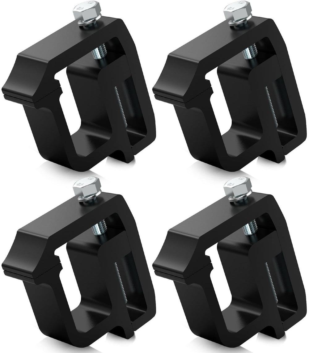 Moveland heavy-duty camper clamps pack, secure off-bed mounting without drilling for a stable truck top setup.