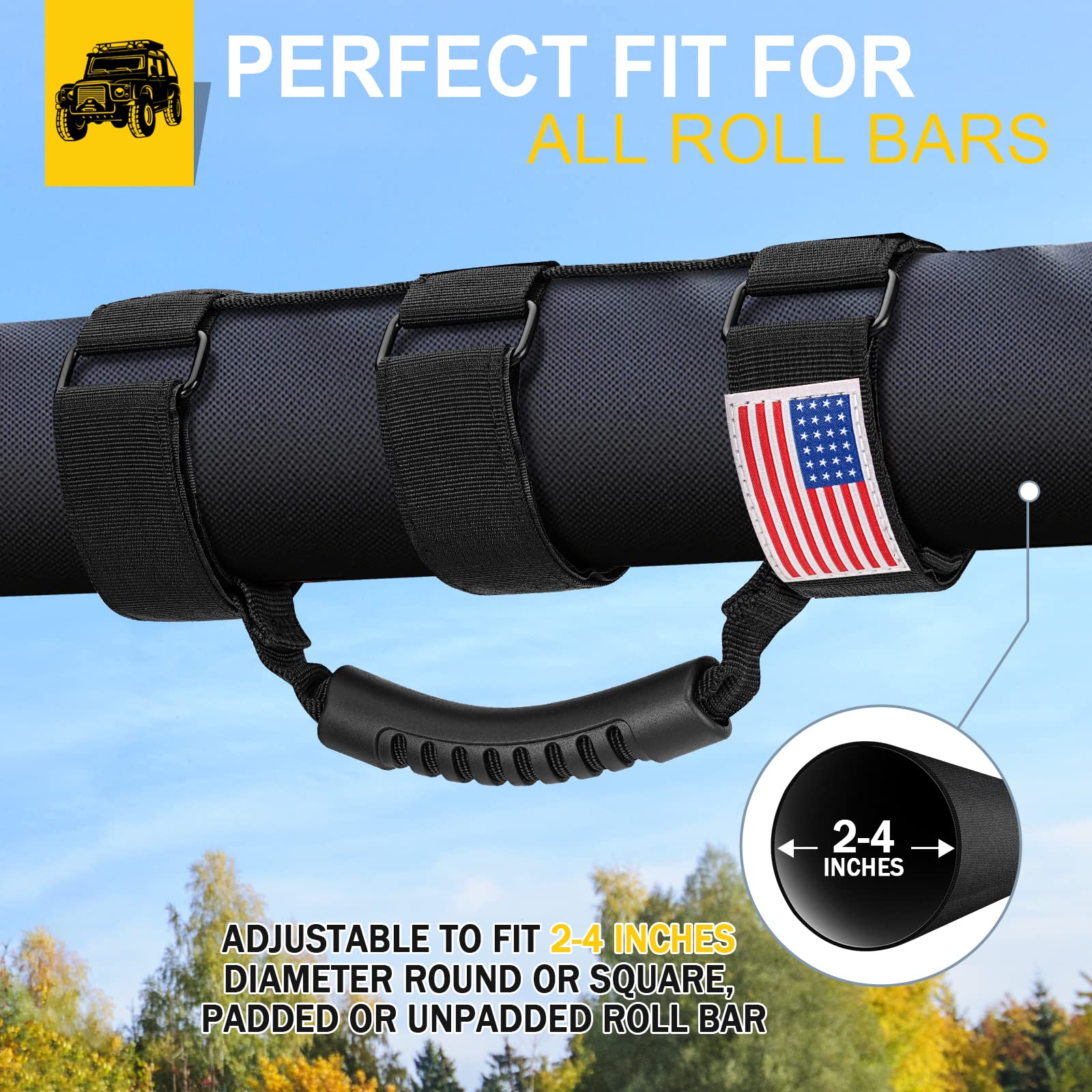 Moveland roll bar grip handles on padded bar for snug fit.