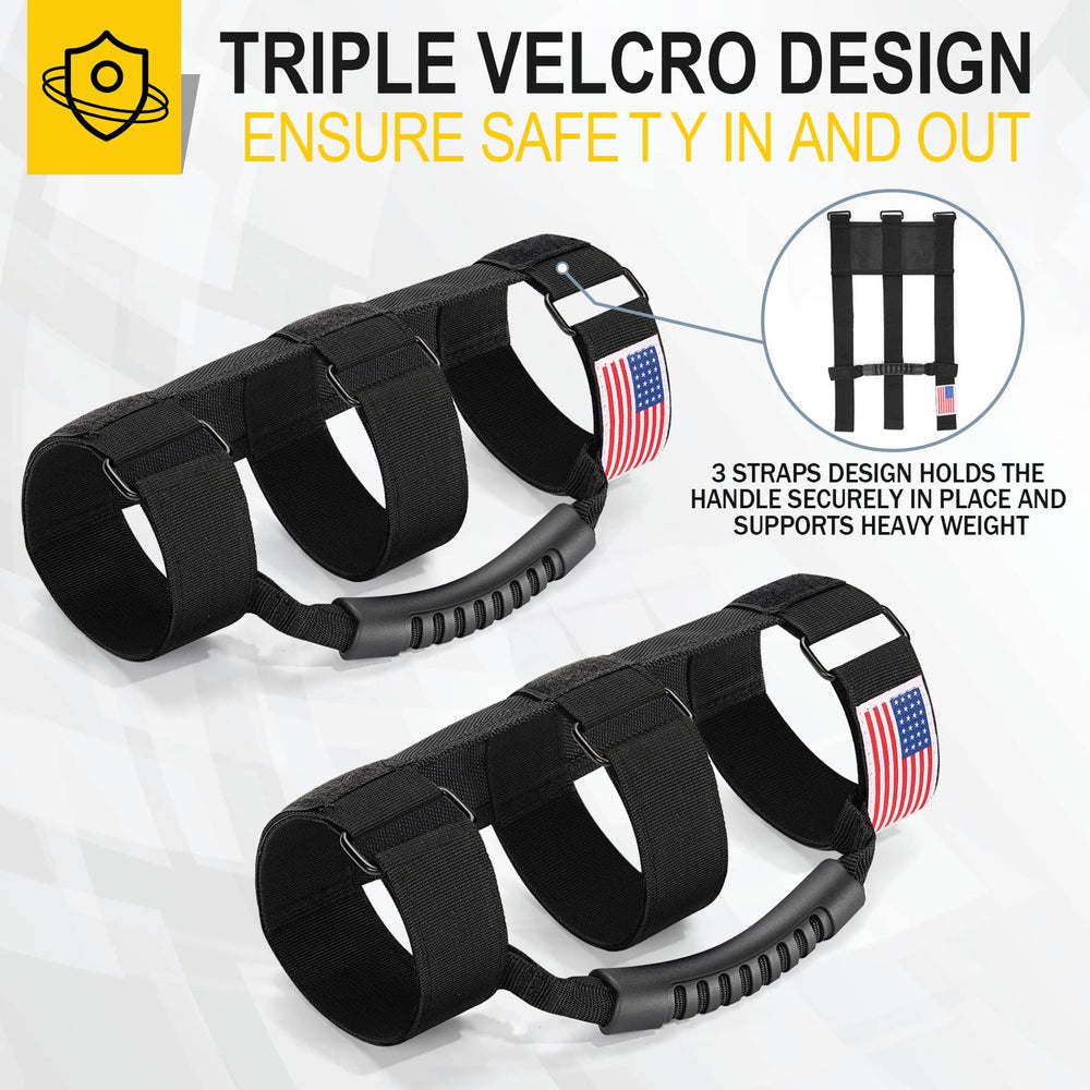 Moveland twin grip handles mounted on roll bar for secure hold.