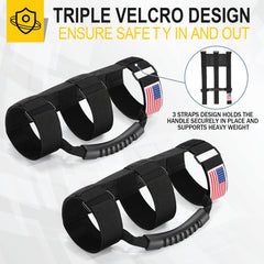 Moveland twin grip handles mounted on roll bar for secure hold.