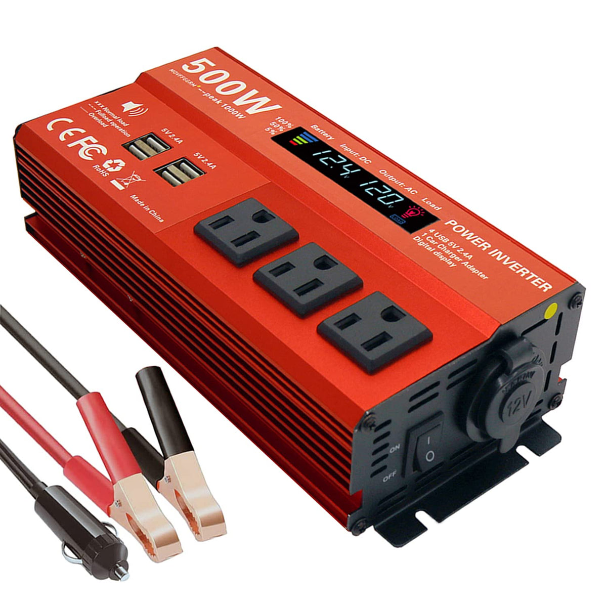 MOVFFGGRM 500W inverter front view for reliable on‑vehicle power on trips.