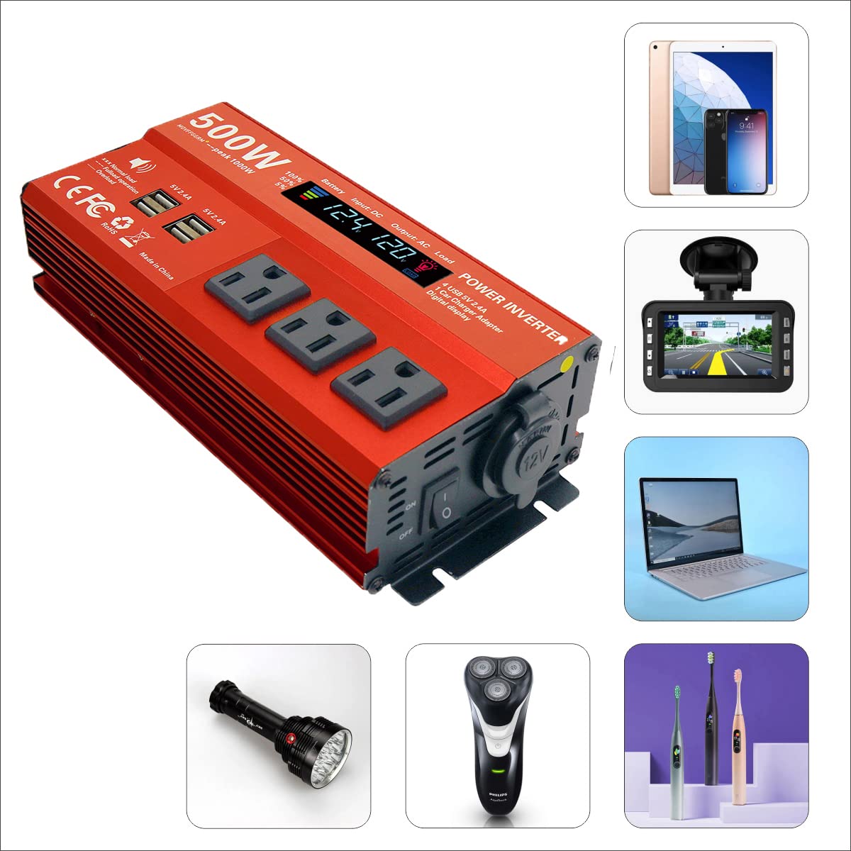 MOVFFGGRM cigarette lighter input shown for car power compatibility.