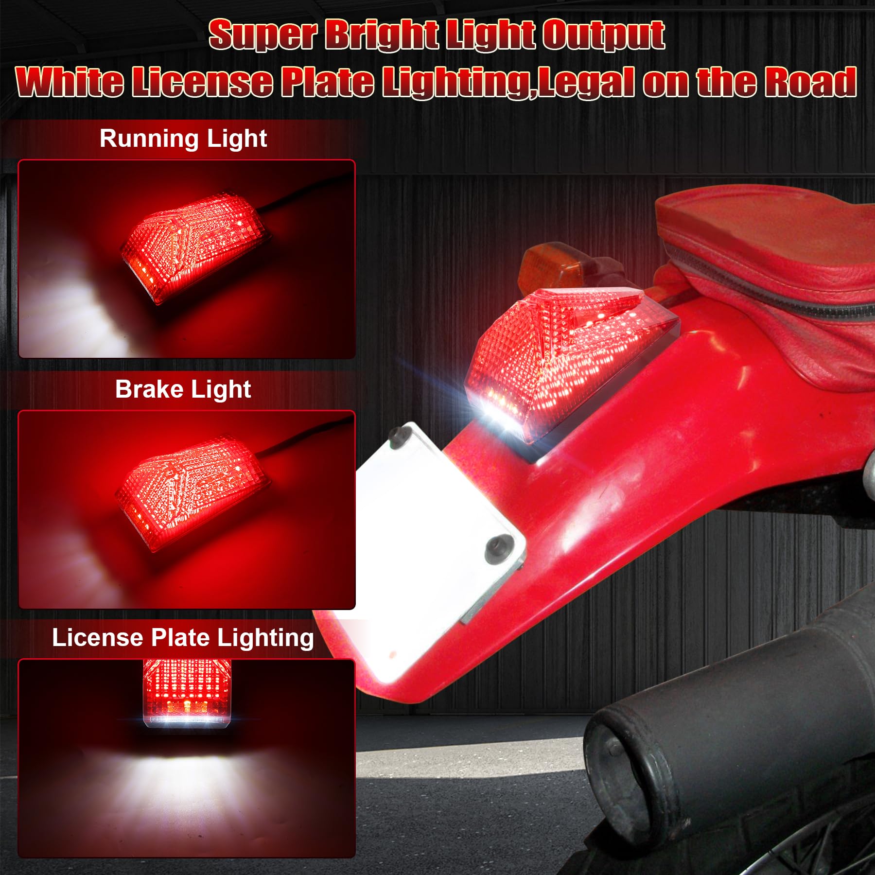 MOVOTOR LED tail light with white license plate illumination for clear plate visibility.