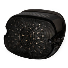 MOVOTOR smoked LED tail light rear view highlights low profile for cleaner Harley fender lines.