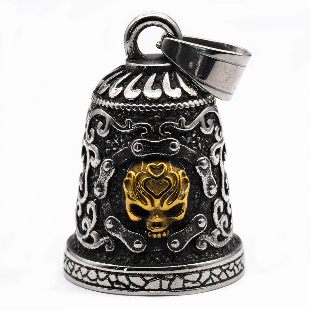 MOYOZZ Old School Biker Skull Bell in gold, a bold road-side good luck charm.