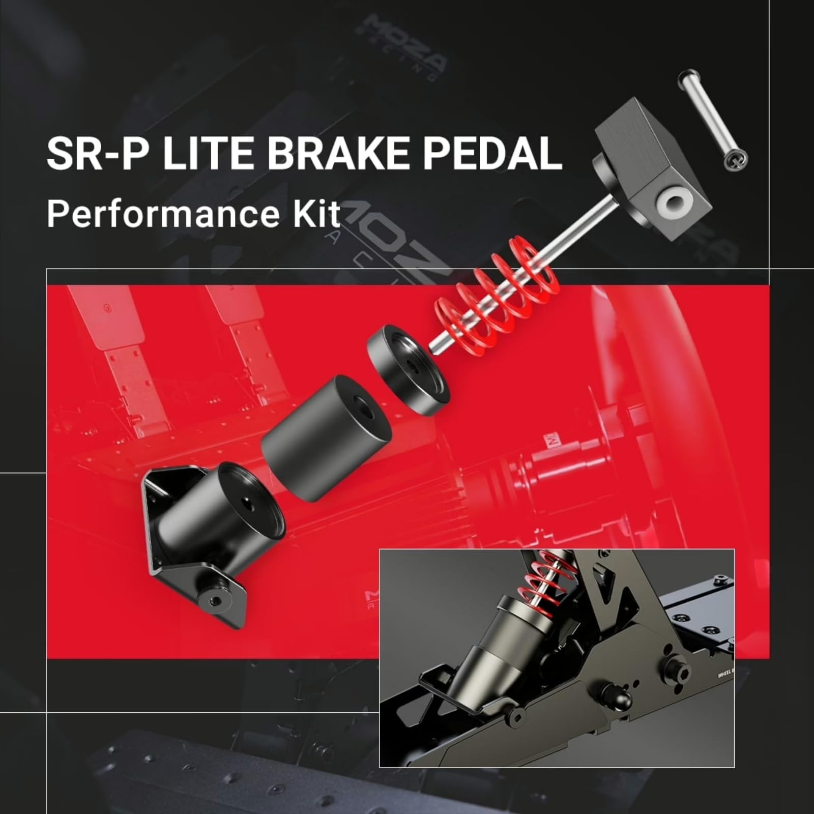 MOZA Racing SR-P Lite brake pedal components with damping blocks showcased for smooth resistance.