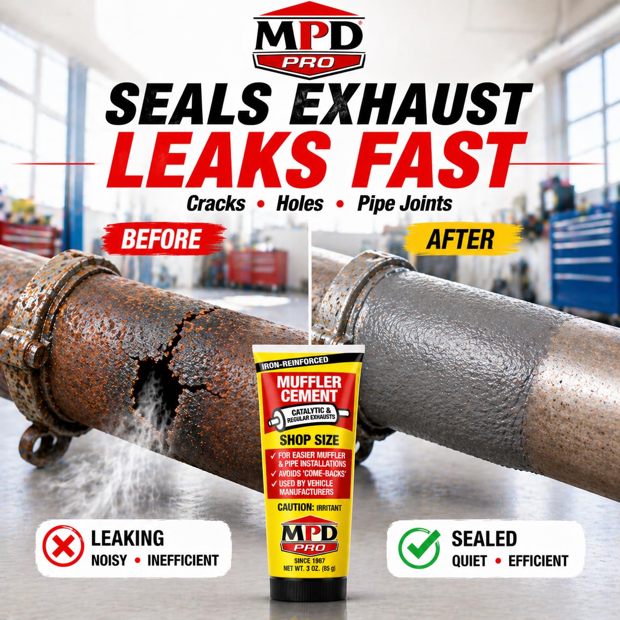 MPD Muffler Cement Putty packaging label highlighting 16 oz size.