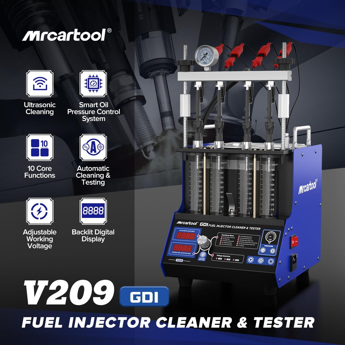 MR CARTOOL V209 digital display showing testing data