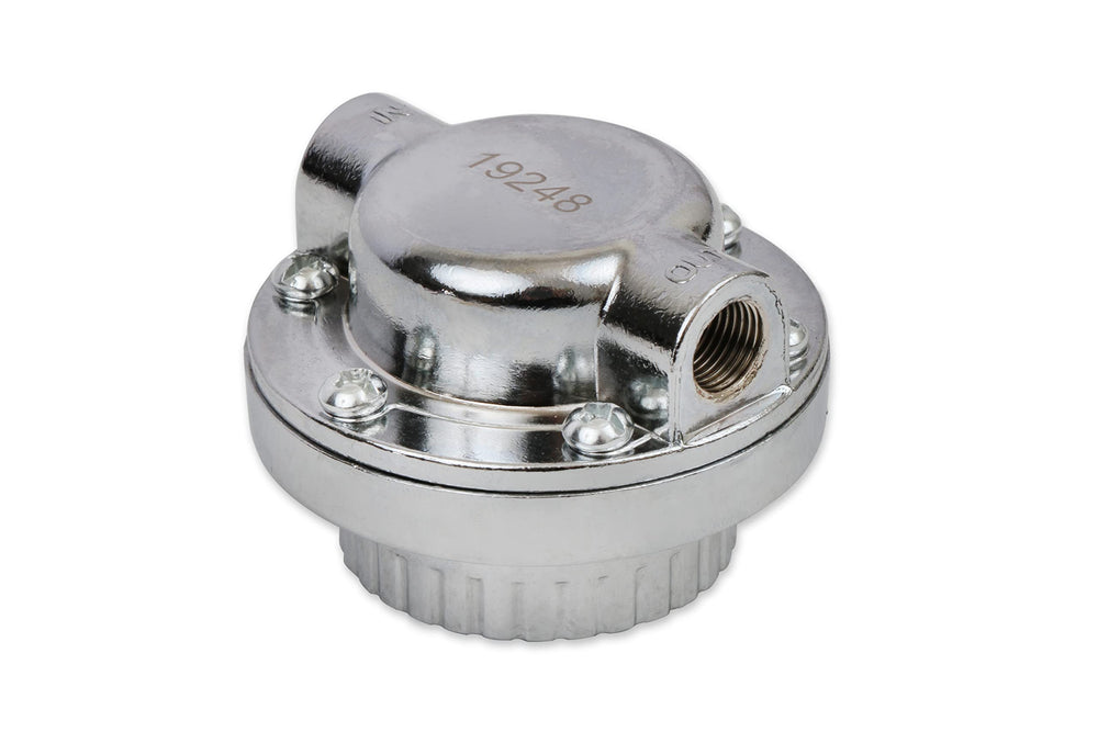 Mr. Gasket 9710 chrome regulator installed in engine bay for fuel system fitment.