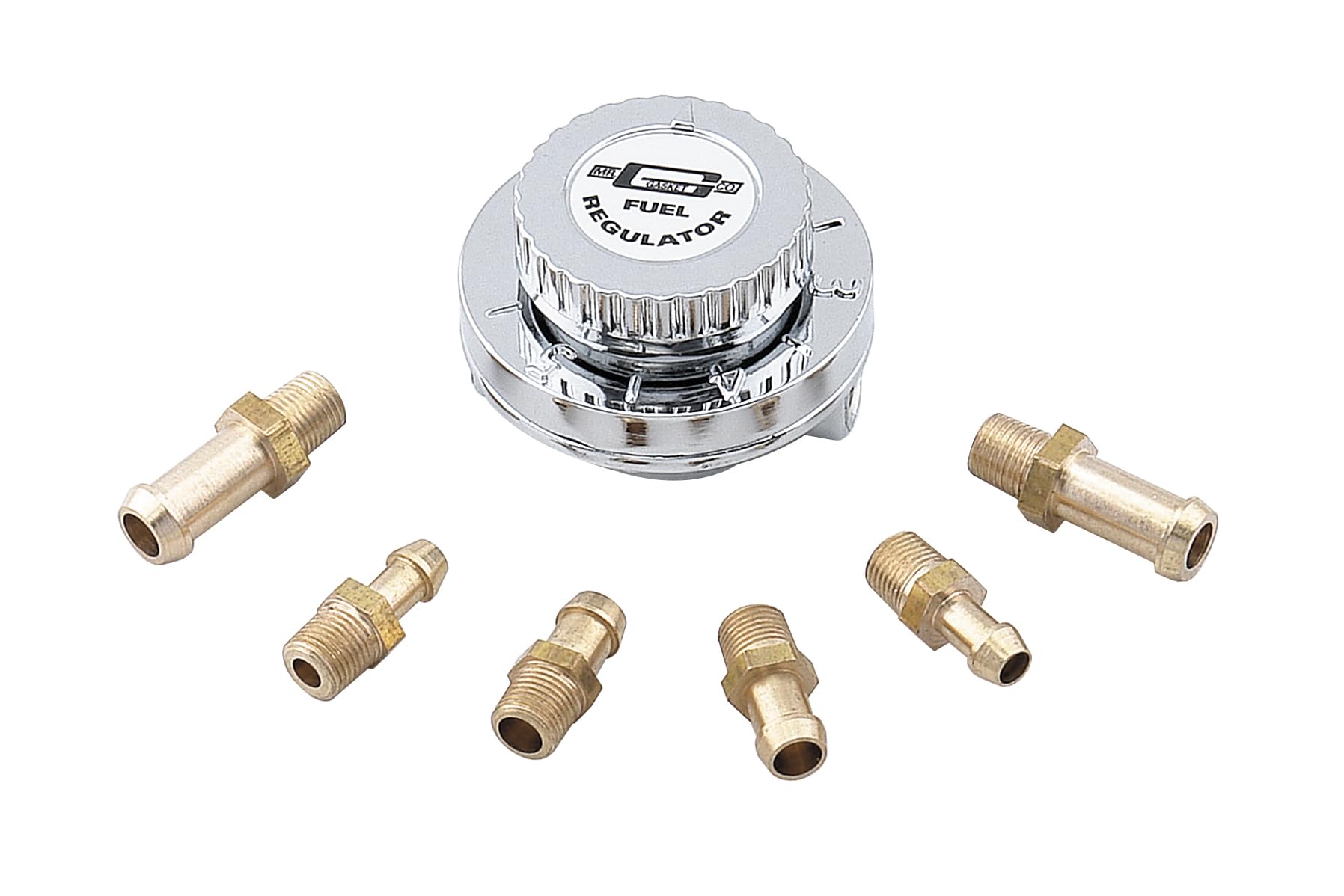Mr. Gasket 9710 chrome fuel pressure regulator, front view for performance upgrades.
