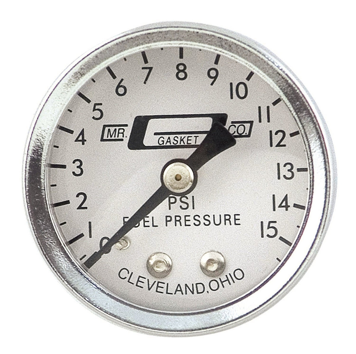 Mr. Gasket 1.5-inch fuel pressure gauge with a clear dial.