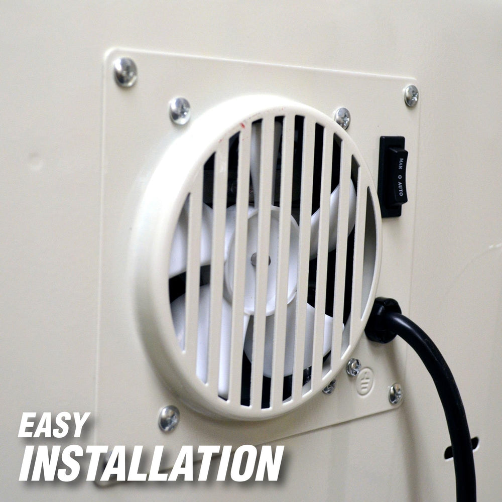 Close-up of installation for Mr. Heater blower kit on 20k-30k BTU vent-free heaters.