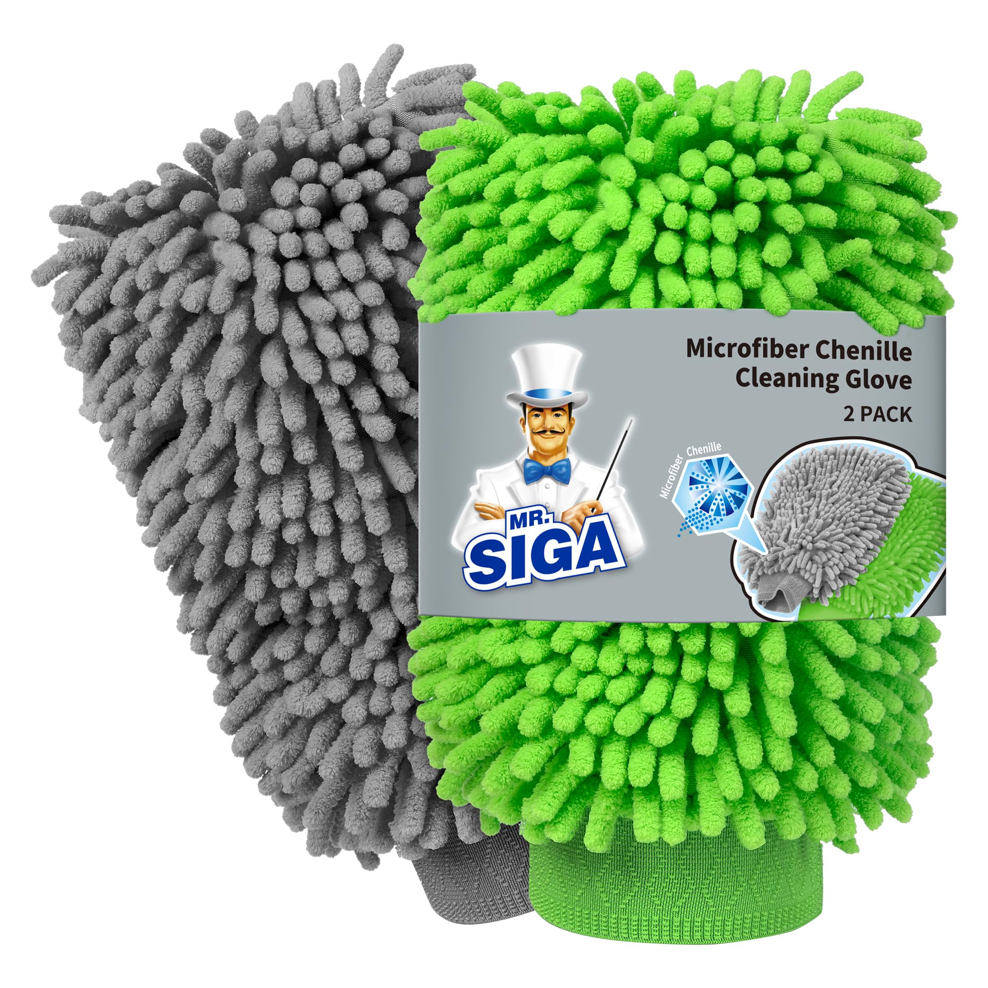 MR.SIGA premium mitt gray close-up showing soft chenille fibers for strong absorption.