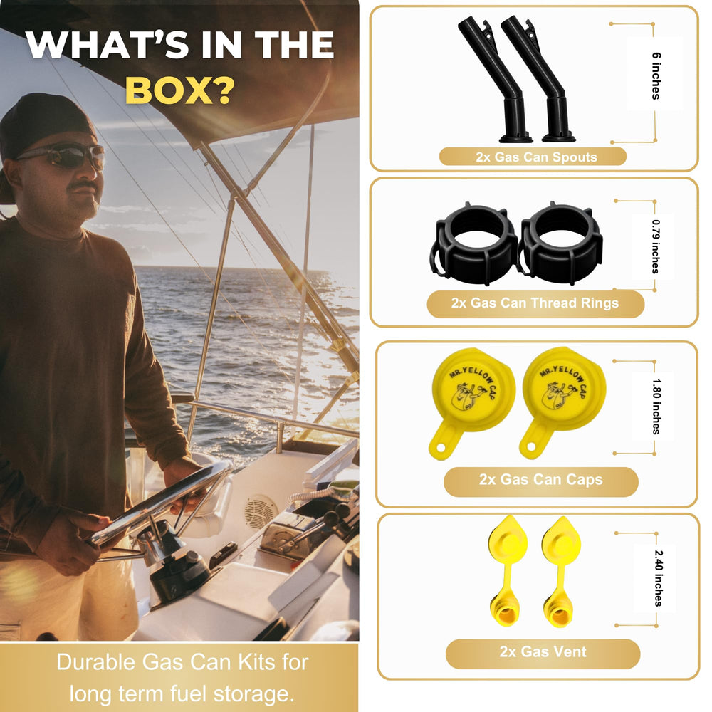Mr. Yellow Cap gas can spout components kit shown assembled for leak-free refills