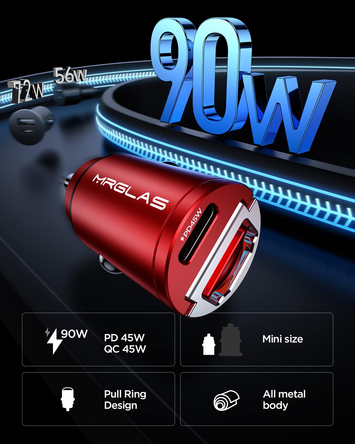 MRGLAS dual-port fast charging for PD45W and QC45W to power two devices.