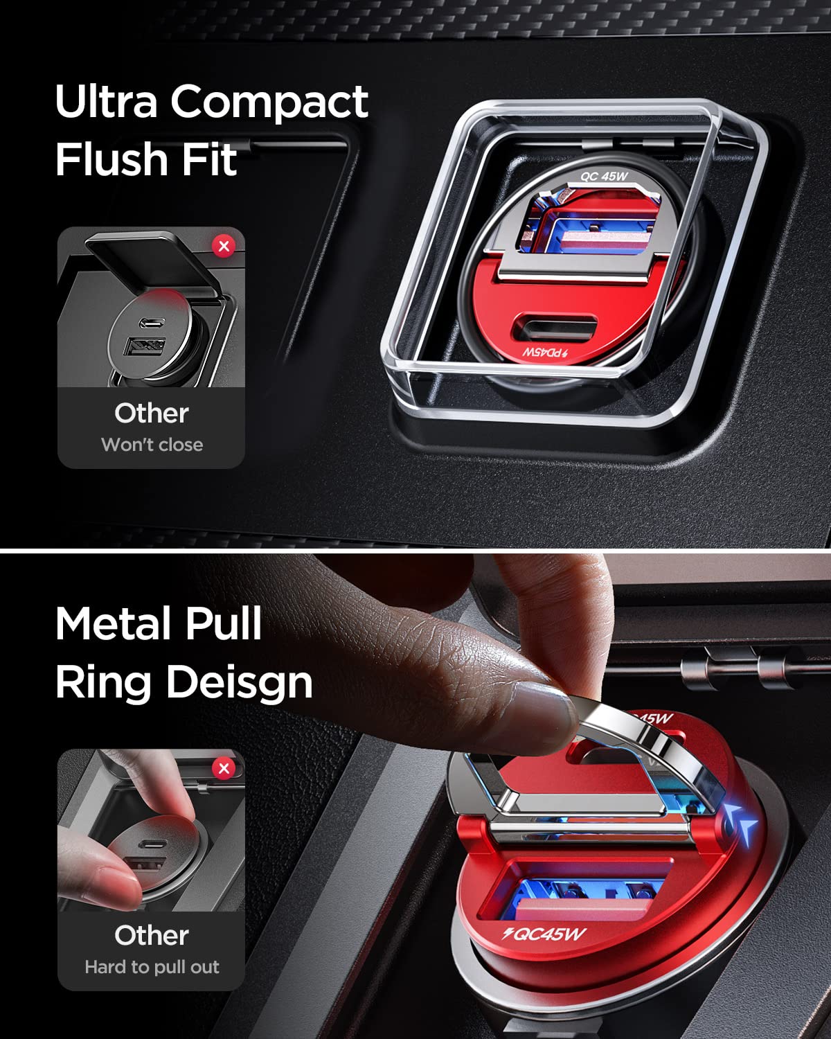 All-metal MRGLAS car charger body with durable heat dissipation.