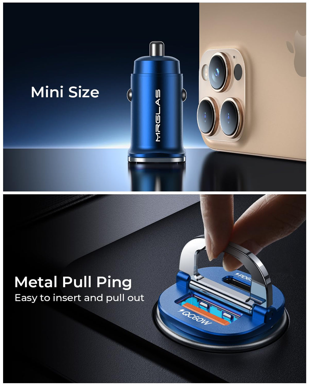 MRGLAS all-metal car charger exterior with heat dissipation and scratch resistance.
