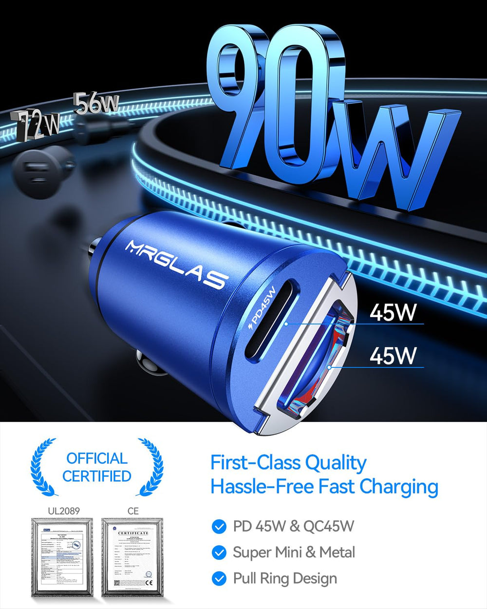 MRGLAS PD45W QC45W fast charging dual ports support iPhone and Android.