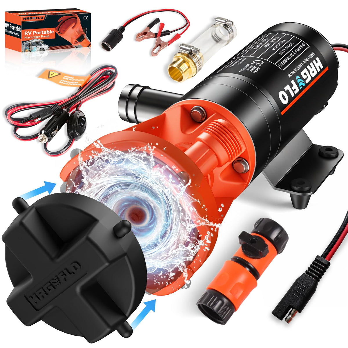 MRGVFLO RV macerator pump with 3-inch outlet for smooth waste transfer