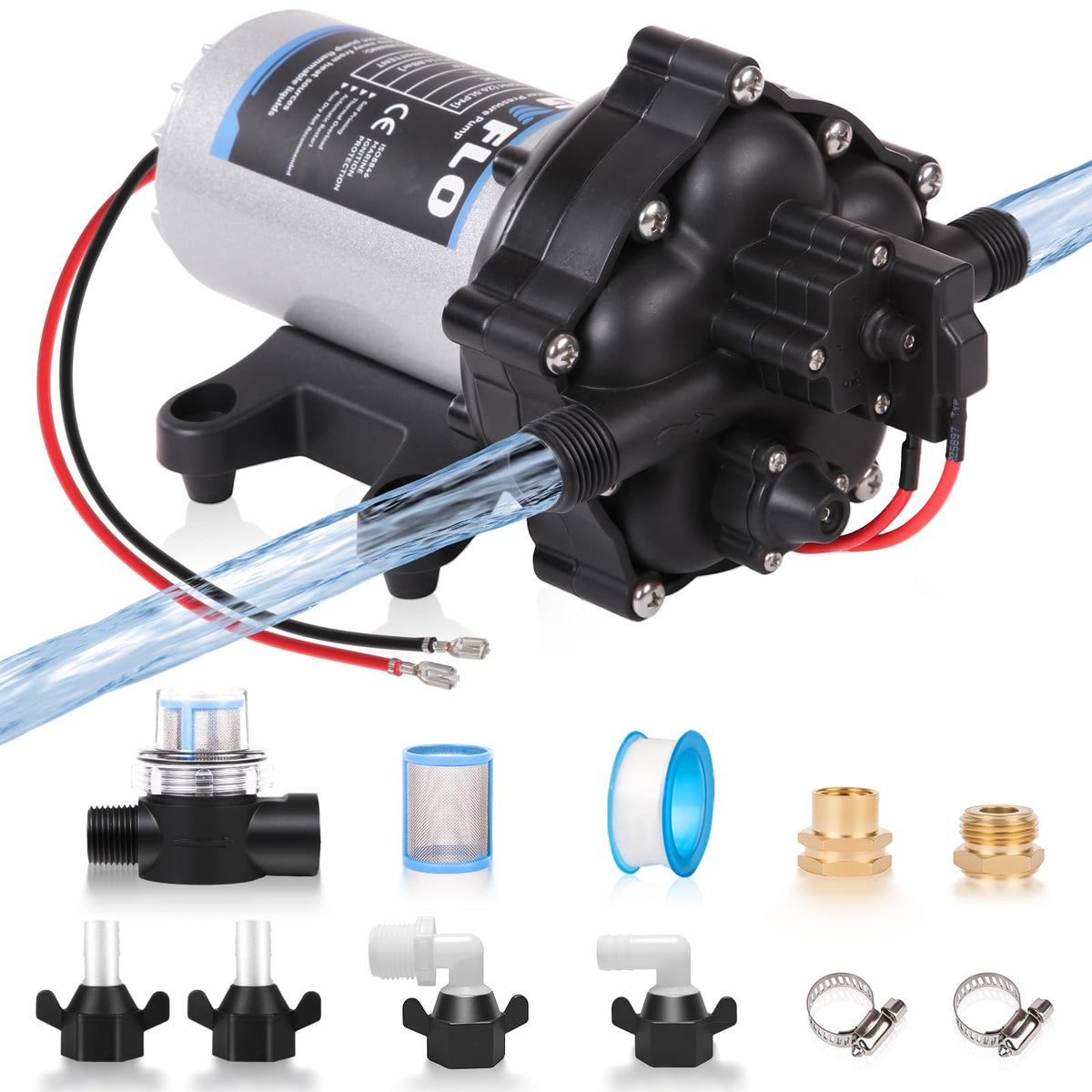 MRGVFLO upgraded 12V RV water pump body view shows compact installation-friendly design.