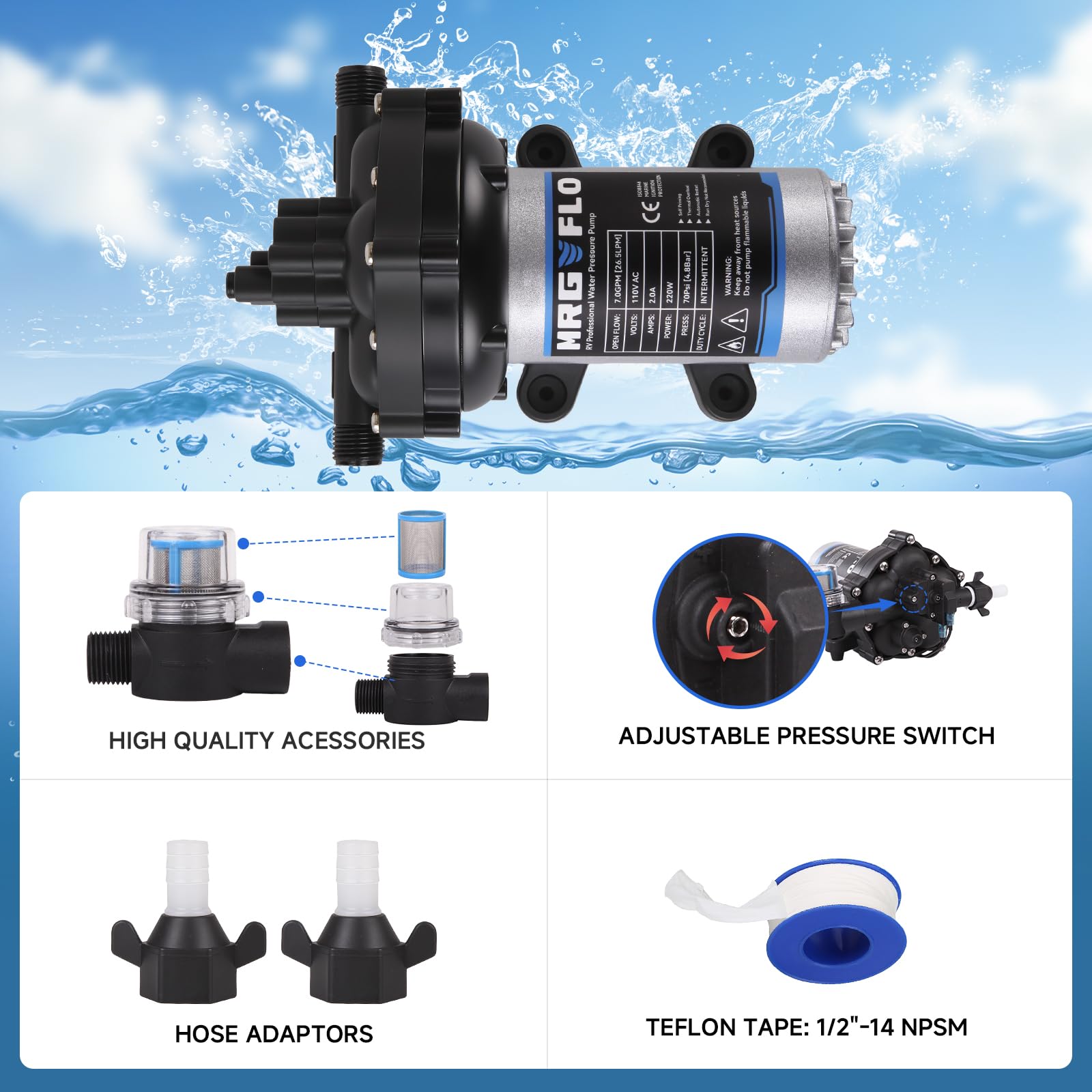 MRGVFLO upgraded 12V RV water pump quiet operation reduces ambient noise.