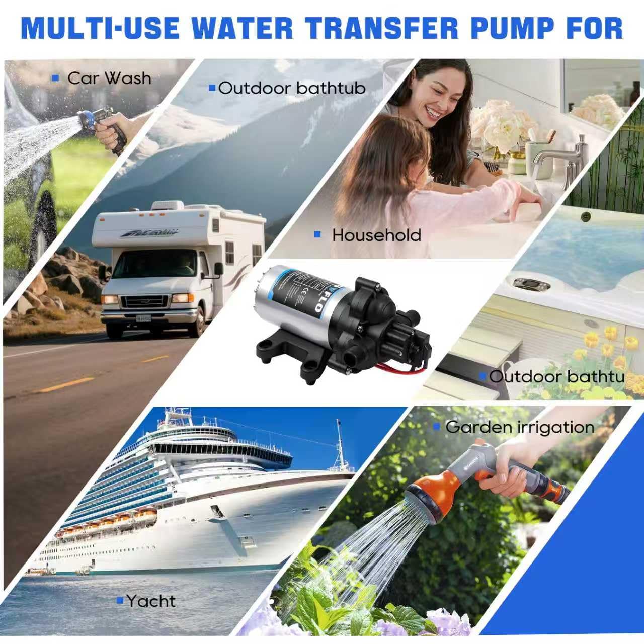 MRGVFLO upgraded RV water pump half-inch MNPT connection for easy hookups.