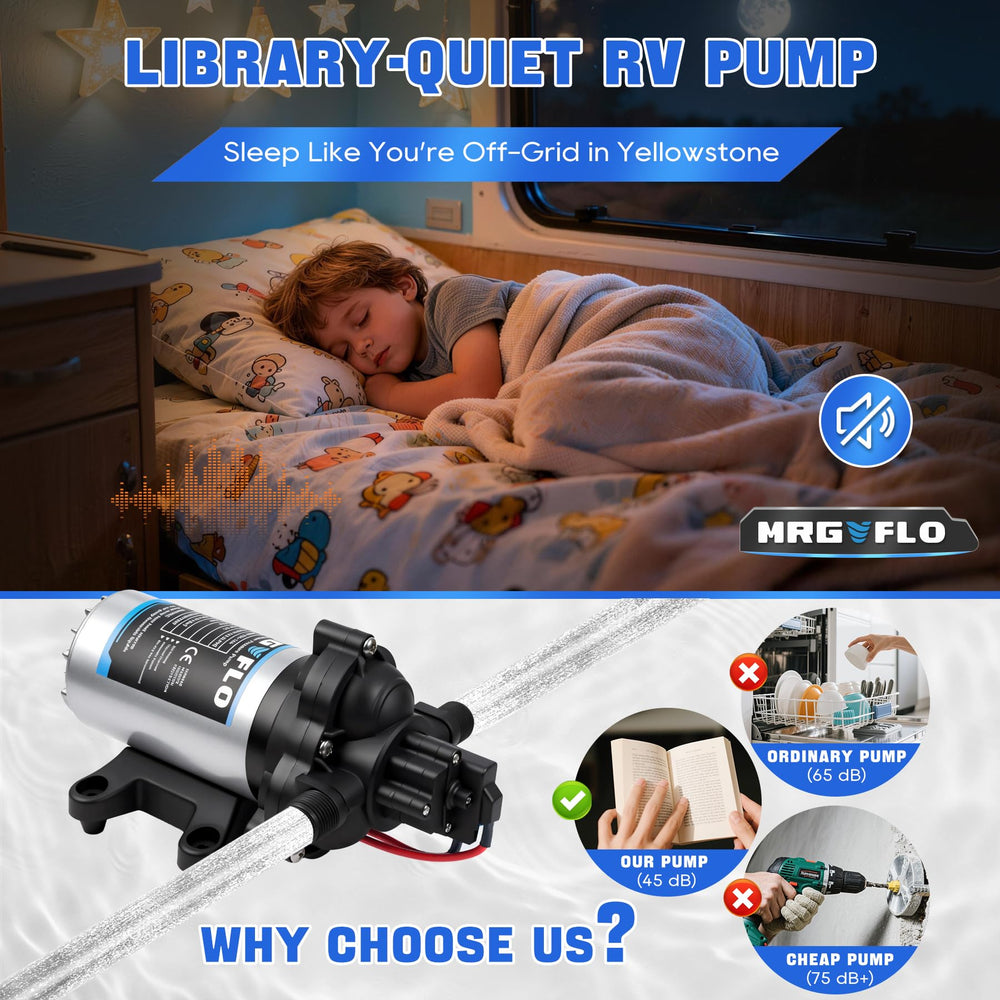 MRGVFLO upgraded RV water pump quiet operation for caravan comfort.
